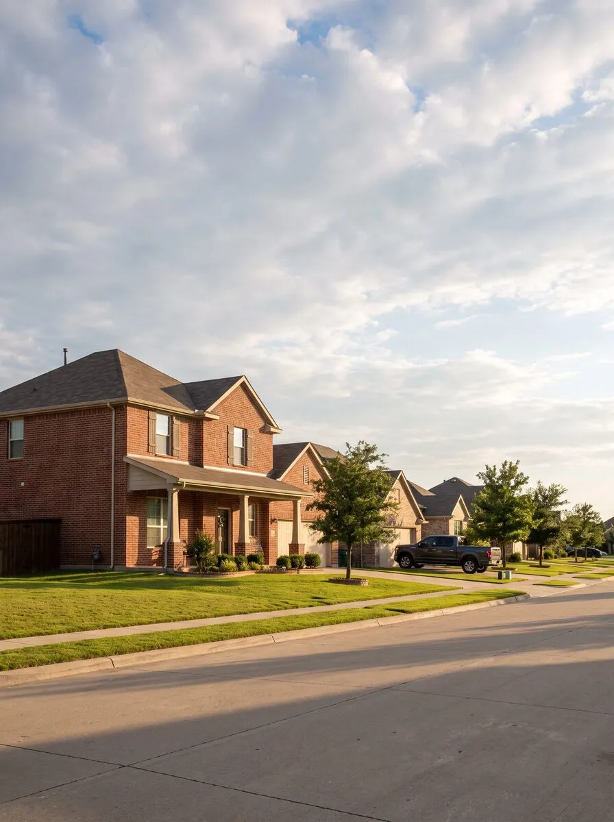 Brick single-family homes with wide front lawns on a residential street in Burleson, Texas, south of Fort Worth