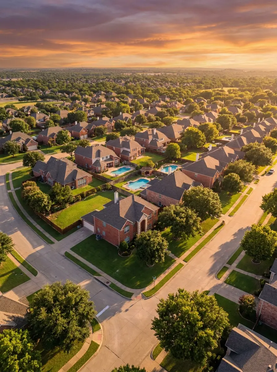 Aerial view of a Fort Worth suburban neighborhood with tree-lined streets