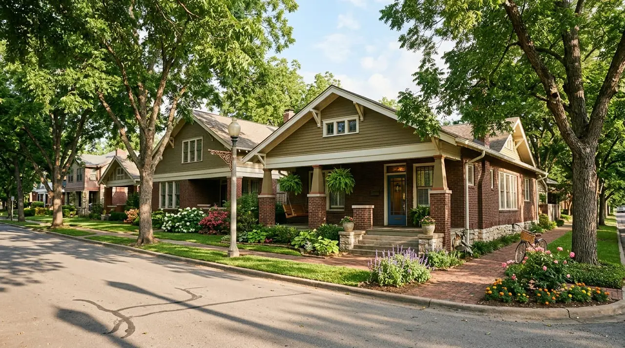 Tree-lined street of restored 1920s craftsman bungalows in Fort Worth's Fairmount Historic District