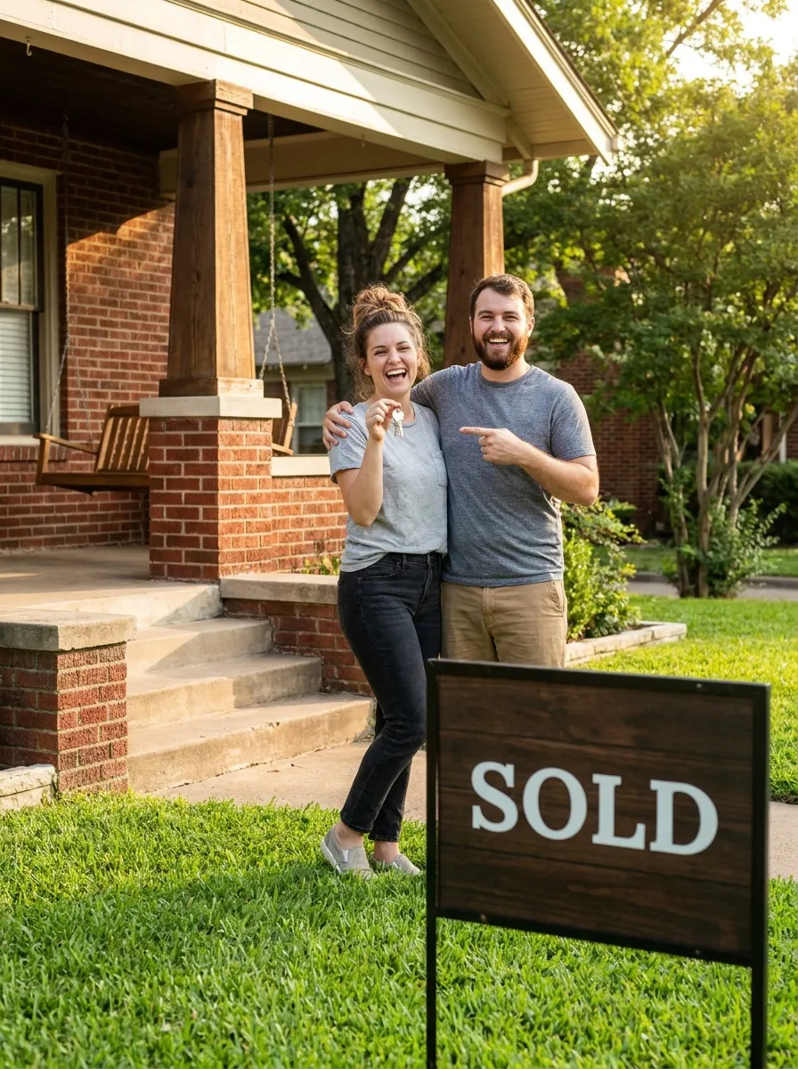 First-time homebuyer couple holding keys on the porch of their new Fort Worth brick home