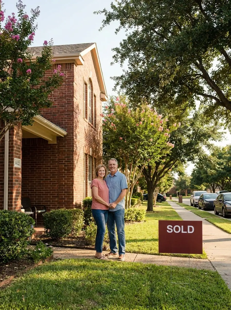 Fort Worth couple smiling on the porch of their staged Texas brick home with a SOLD yard sign