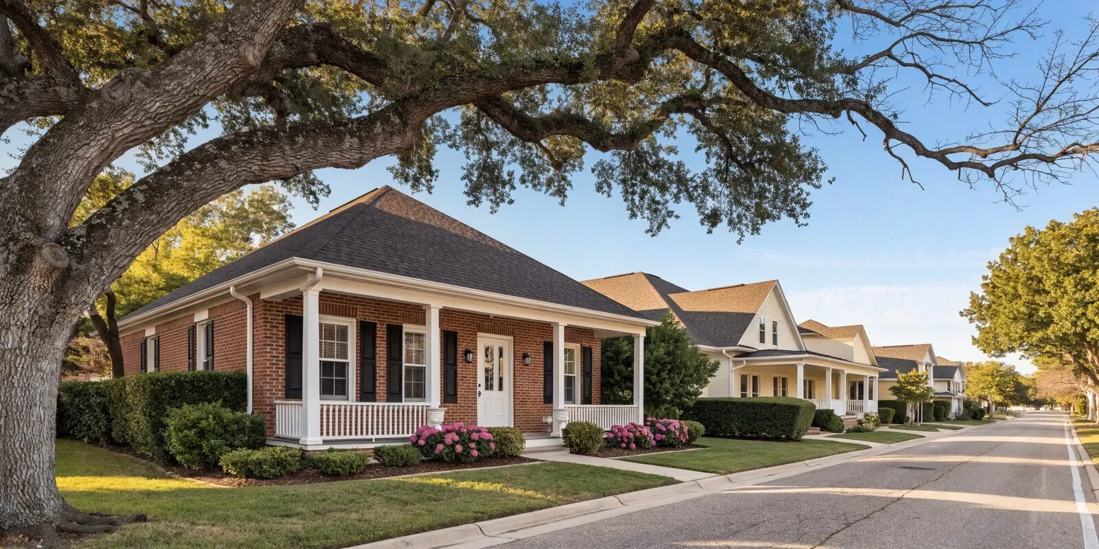 A red brick Fort Worth home with a covered front porch under a mature live oak, with neighboring houses of different ages and styles further down the block