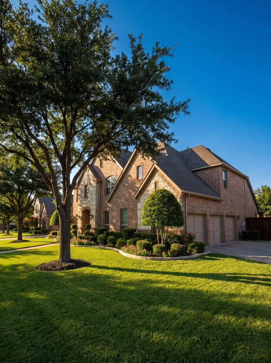 Two-story brick and stone home with a three-car garage and a shaded front lawn on a quiet residential street in Keller, Texas