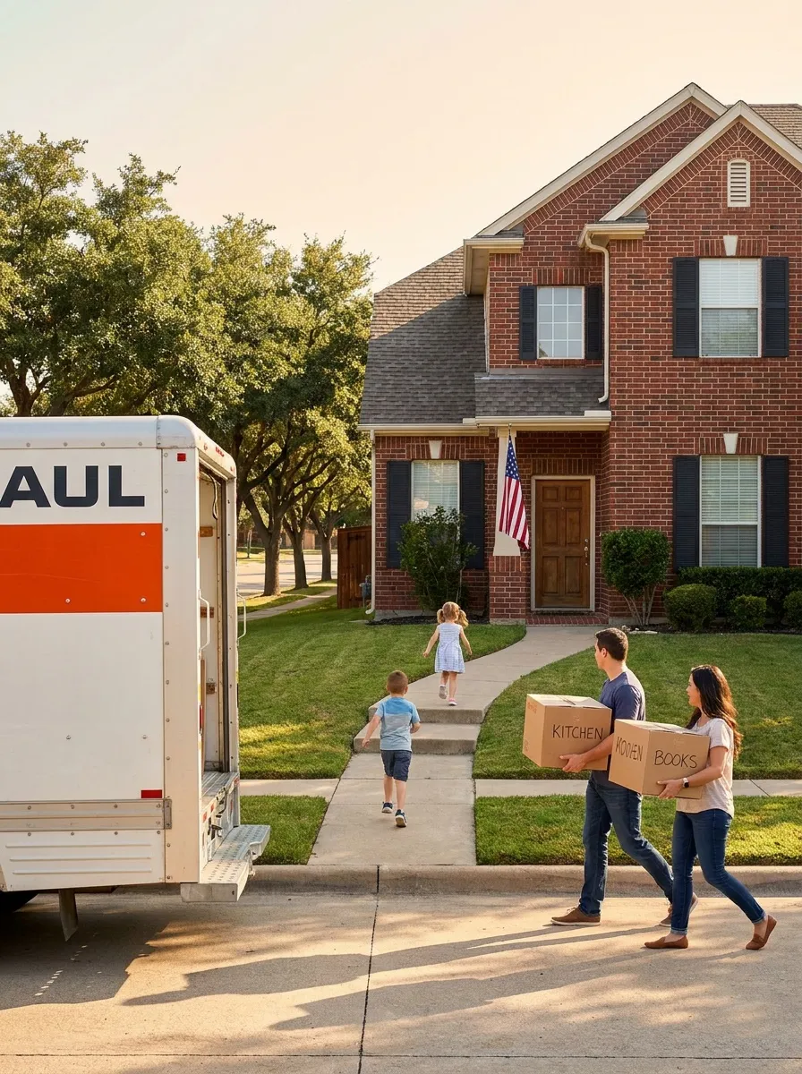 Family moving in with a U-Haul truck at their new Fort Worth suburban home