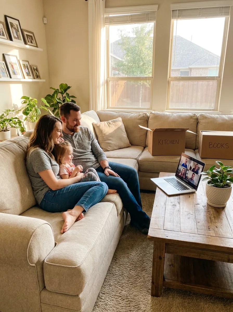 Fort Worth family on a relaxed video consultation from the living room of their suburban home