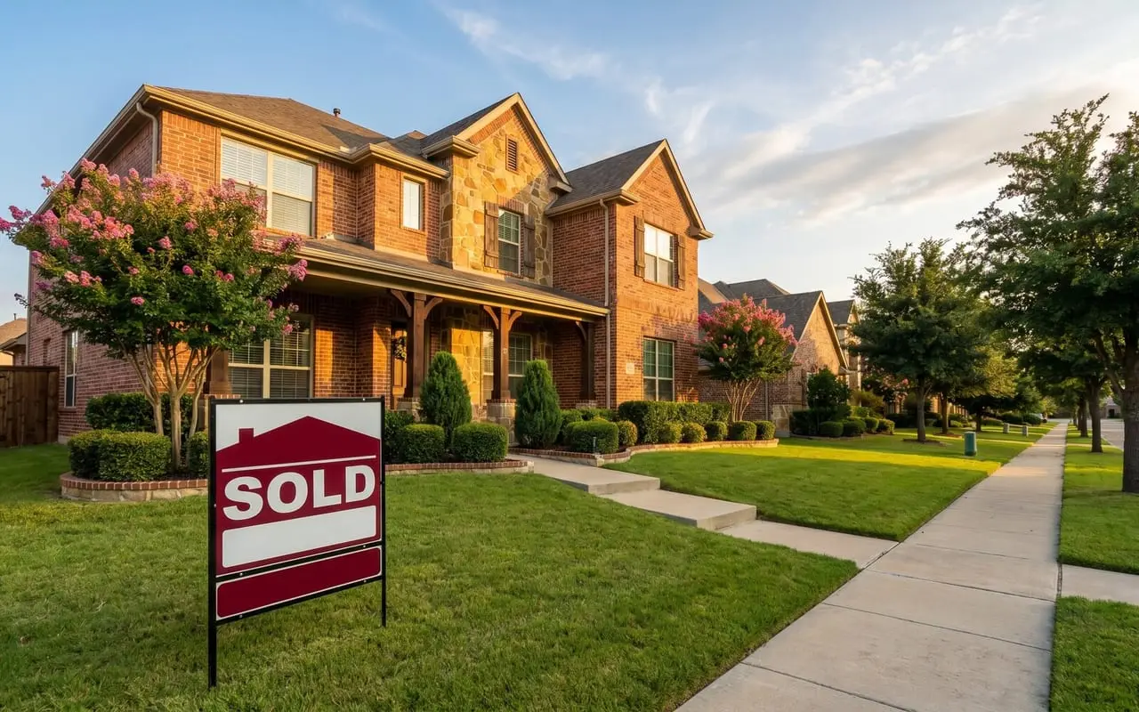 A staged two-story Fort Worth brick home with a SOLD sign in the front yard